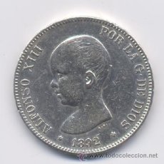 Monedas de España: ALFONSO XIII- 5 PESETAS- 1892*18-92 PGM. Lote 13435013