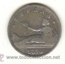 Münzen von Spanien: 33- BARATA PESETA DE PLATA DE LA PRIMERA REPUBLICA AÑO 1870 DEL TIPO DE LA MUJER SENTADA. ESTRELLAS