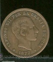 Monedas de Espa&ntilde;a: MONEDA ALFONSO XII.  A&Ntilde;O 1877  CINCO CENTIMOS - Foto 1