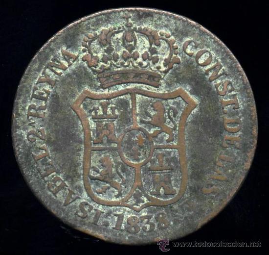 Monedas de Espa&ntilde;a: 3 CUARTOS (QUARTOS) ISABEL II 1838 - CATALU&Ntilde;A - Foto 2