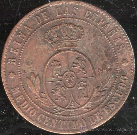 Monedas de Espa&ntilde;a: ISABEL II. 1/2 CENTIMO DE ESCUDO. BARCELONA. 1867 - Foto 2