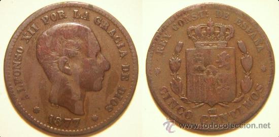 Monedas de Espa&ntilde;a: Moneda de 5 centimos 1877 Alfonso XII - Foto 1