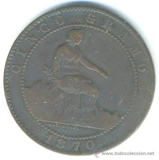 Moedas de Espanha: 5 centimos 1870, Primera Rep&uacute;blica. Buena conservaci&oacute;n
