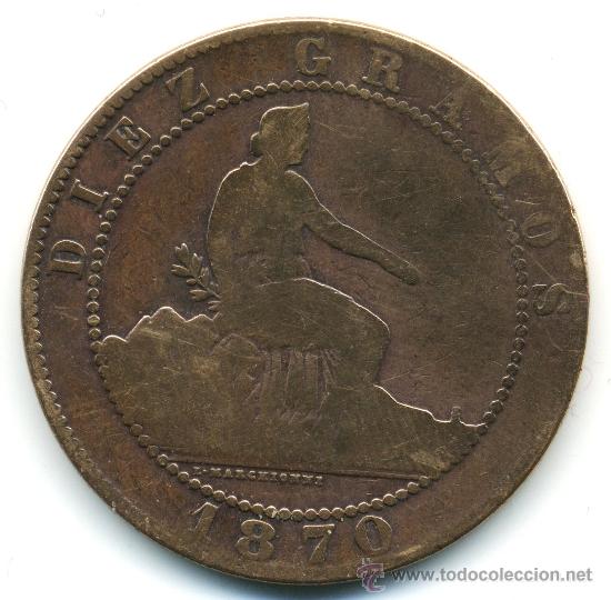 Monedas de Espa&ntilde;a: 10 c&eacute;ntimos 1870, rep&uacute;blica, cobre - Foto 2
