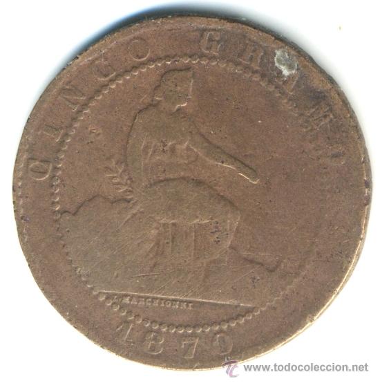 Monedas de Espa&ntilde;a: 5 c&eacute;ntimos 1870 Rep&uacute;blica. cobre - Foto 1