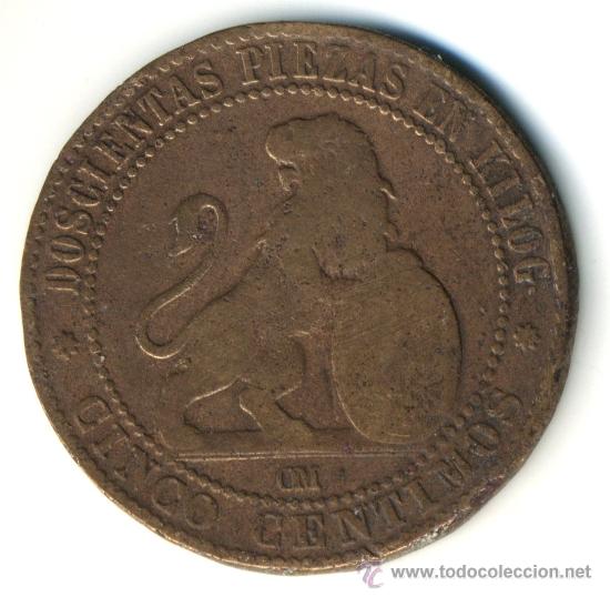 Monedas de Espa&ntilde;a: 5 c&eacute;ntimos 1870 Rep&uacute;blica. cobre - Foto 2