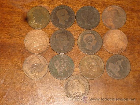 Moedas de Espanha: 13 MONEDAS DE 5 CENTIMOS DE COBRE MONARQUIA Y REPUBLICA - VARIAS