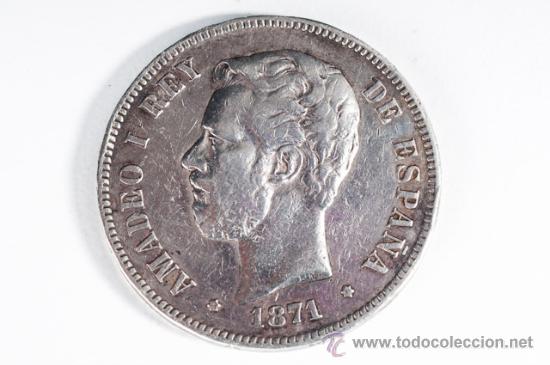 Monedas de Espa&ntilde;a: CINCO PESETAS EN PLATA AMADEO I REY DE ESPA&Ntilde;A A&Ntilde;O 1871