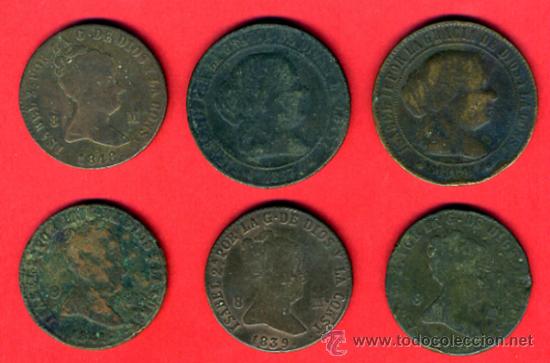Monedas de Espa&ntilde;a: LOTE DE 6 MONEDAS ANTIGUAS, ISABEL II , COBRE , ORIGINALES , L3 B