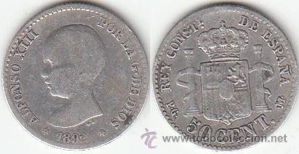 Monedas de Espa&ntilde;a: ESPA&Ntilde;A 1892 - 50 CENTIMOS DE PLATA DE 1892 *9*2 - Foto 1