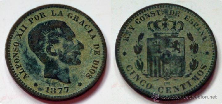 Monedas de Espa&ntilde;a: Moneda de 5 centimos de Alfonso XII 1877 - Foto 1
