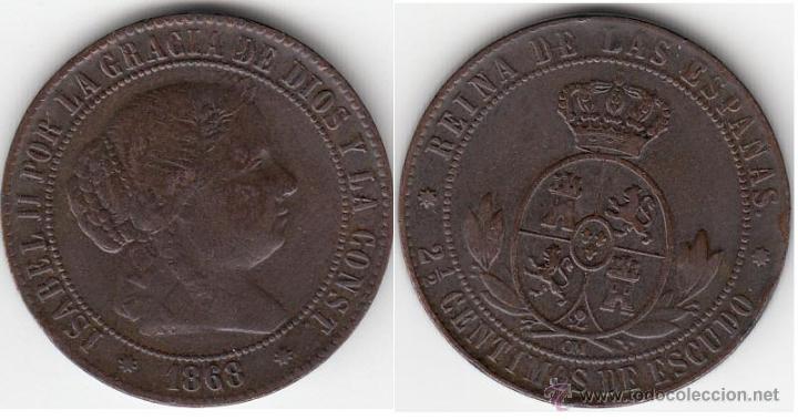 Monedas de Espa&ntilde;a: ISABEL II: 2,5 CENTIMO ESCUDO 1868 BARCELONA - Foto 1