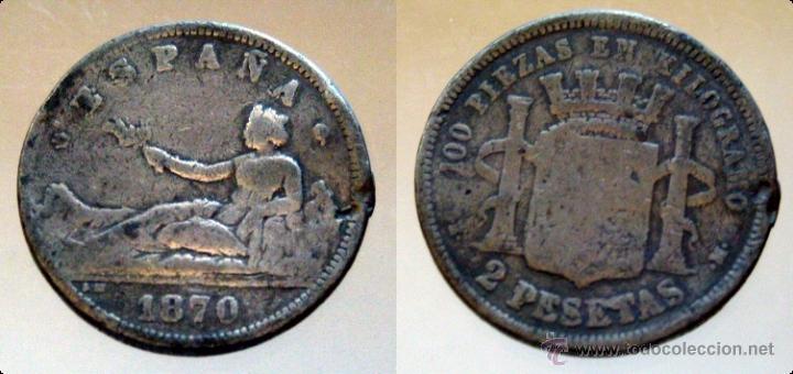 Monedas de Espa&ntilde;a: Moneda de 2 pesetas de 1870 falsa de &eacute;poca - Foto 1