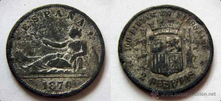 Monedas de Espa&ntilde;a: Moneda de 2 pesetas de 1870 Falsa de &eacute;poca - Foto 1