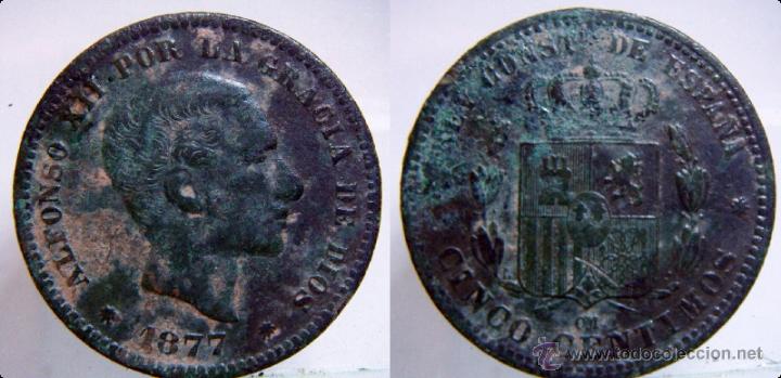 Monedas de Espa&ntilde;a: Moneda de Alfonso XII 5 centimos 1877 - Foto 1