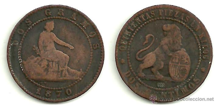 Monedas de Espa&ntilde;a: GOBIERNO PROVISIONAL 2 C&Eacute;NTIMOS 1870 (BARCELONA OM)