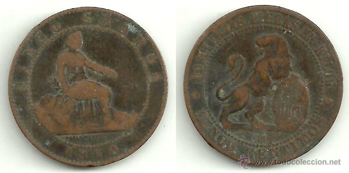 Monedas de Espa&ntilde;a: GOBIERNO PROVISIONAL 5 C&Eacute;NTIMOS 1870 EN COBRE (RC+) - Foto 1