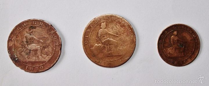 Monedas de Espa&ntilde;a: Lote tres monedas 1870 cinco y dos centimos - Foto 1