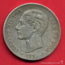 Monedas de España: MONEDA 5 PESETAS ALFONSO XII , 1881 , ESTRELLAS 18- 1 , DURO DE PLATA , MBC , D1685. Lote 55975911