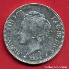 Monedas de España: MONEDA 5 PESETAS 1892 ALFONSO XIII ,ESTRELLAS VISIBLES 18 92 ,DURO DE PLATA , MBC++ ,ORIGINAL, D2555