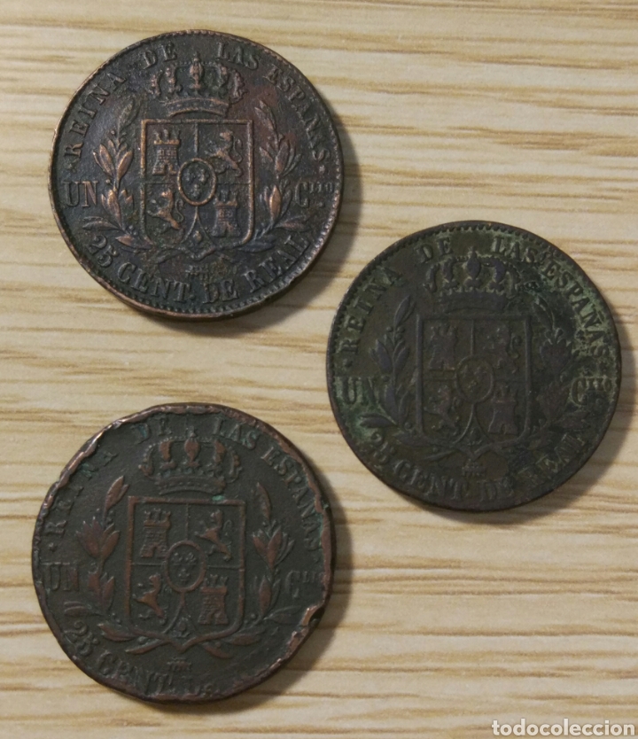 Monedas de Espa&ntilde;a: Lote 3 monedas 25 cent&iacute;mos de real Isabel II - Foto 1