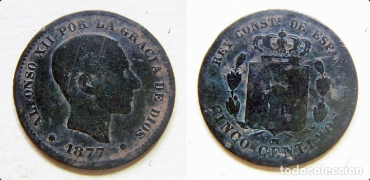 Monedas de Espa&ntilde;a: MONEDA DE ALFONSO XII 5 CENTIMOS 1877 - Foto 1