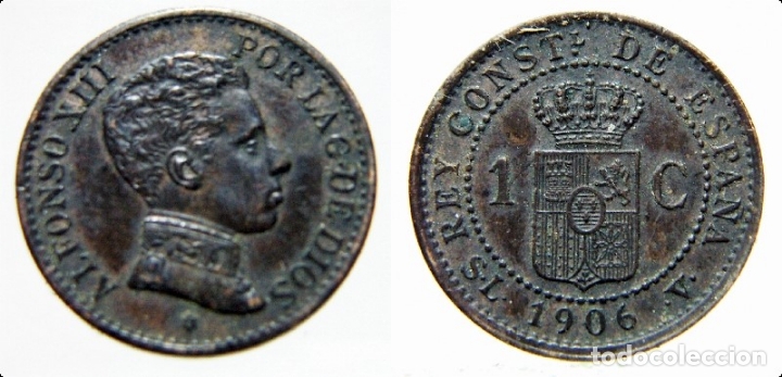 Monedas de Espa&ntilde;a: MONEDA DE ALFONSO XIII 1 CENTIMO S.L.V. 1906 - Foto 1