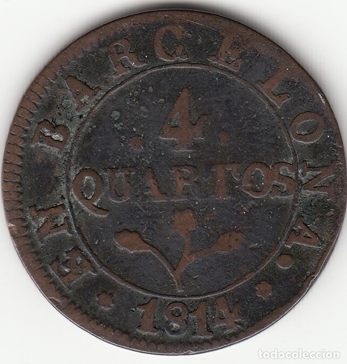 Monedas de Espa&ntilde;a: JOSE NAPOLEON: 4 CUARTOS 1814 BARCELONA - Foto 1