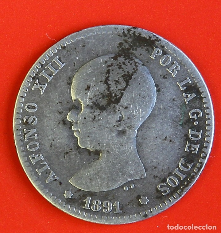 Monedas de Espa&ntilde;a: MONEDA DE 1 PESETA: 1891 PGM Estrellas (--)(--) BC+ - Foto 1