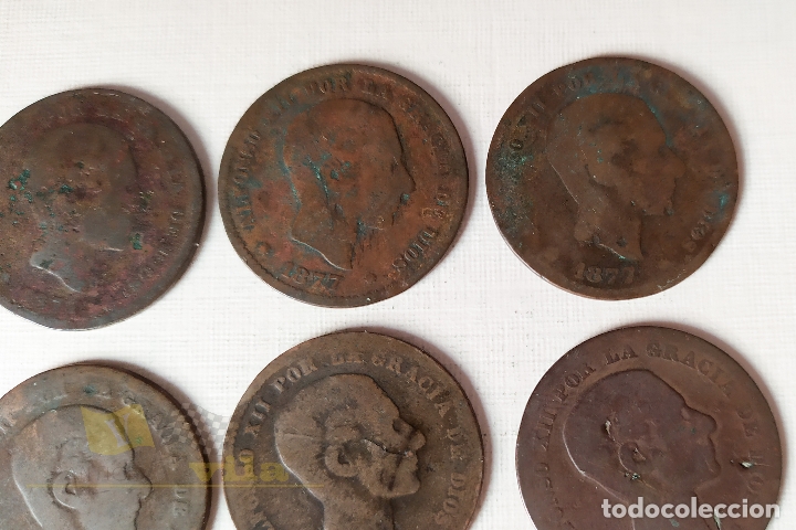 Monedas de Espa&ntilde;a: Lote de 7 Monedas del Alfonso XII - 5 C&eacute;ntimo - 1877 - Foto 3