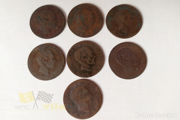 Monedas de Espa&ntilde;a: Lote de 7 Monedas del Alfonso XII - 5 C&eacute;ntimo - 1877 - Foto 1