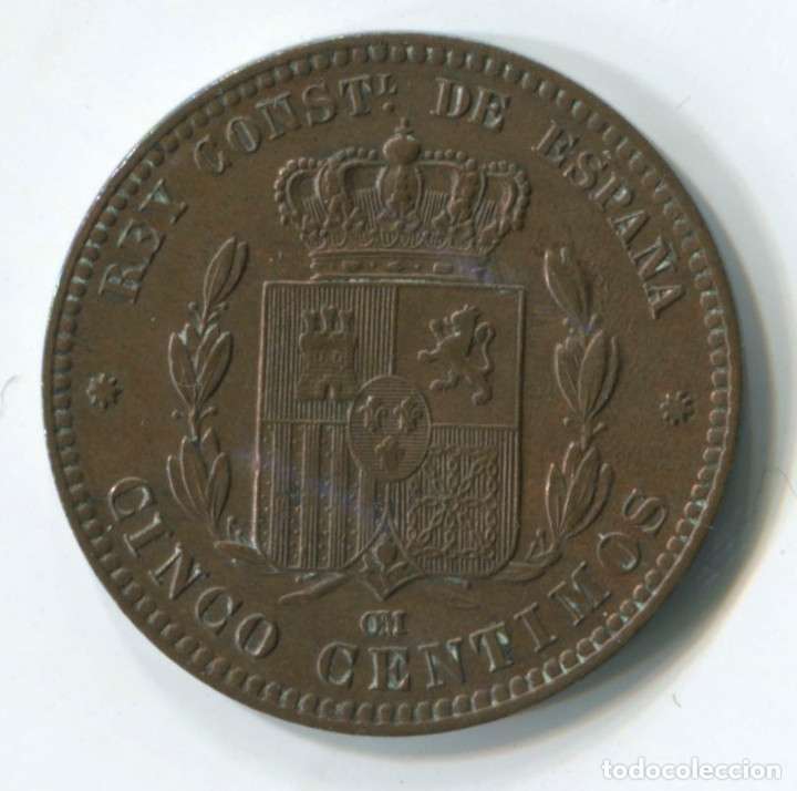 Monedas de Espa&ntilde;a: 5 centimos de Alfonso XII, 1879. Excelente. - Foto 1