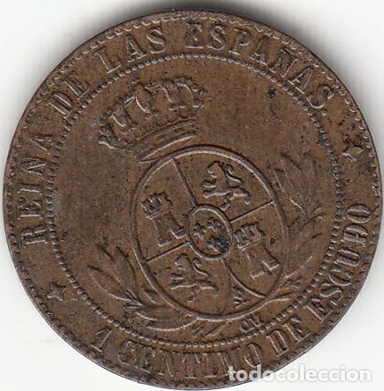 Monedas de Espa&ntilde;a: ISABEL II: 1 CENTIMO ESCUDO 1868 OM JUBIA - Foto 2