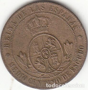 Monedas de Espa&ntilde;a: ISABEL II: 1/2 CENTIMO ESCUDO 1867 OM BARCELONA - Foto 2