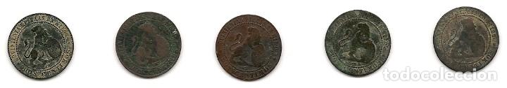 Monedas de Espa&ntilde;a: GOBIERNO PROVISIONAL 2 c&eacute;ntimos (1870) 5 piezas - Foto 2