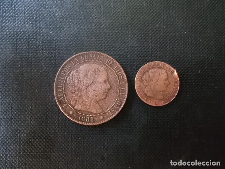 Monedas de España: 2 monedas de 2 1/2 centimos y medio centimo 1868 Isabel II - Foto 1 - 210472701
