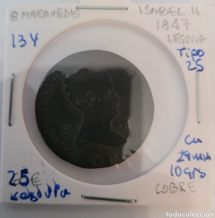 Monedas de Espa&ntilde;a: Moneda de Espa&ntilde;a 1847 Isabel II 8 maravedis segovia - Foto 1