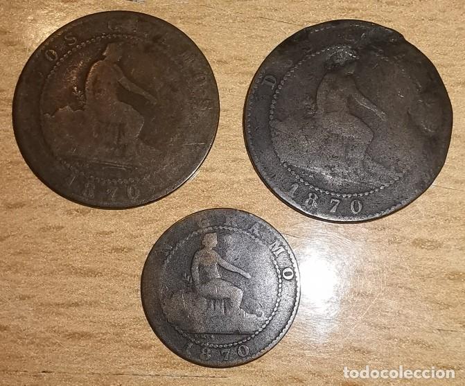 Monedas de Espa&ntilde;a: LOTE 3 MONEDAS 1870 GOBIERNO PROVISIONAL- 2 MONEDAS DE 2 CENTIMOS + UNA DE 1 CENTIMO - Foto 1