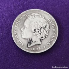 Monedas de España: MONEDA DE 2 PESETAS DE ALFONSO XIII. PLATA. 1894 *18-__. ESPAÑA. ORIGINAL. RARA.. Lote 300801738