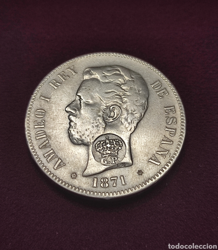 MONEDA 5 PESETAS AMADEO 1871 18* 73* GOBIERNO PORTUGUÉS GP RESELLO (Numismática - España Modernas y Contemporáneas - De Isabel II (1.834) a Alfonso XIII (1.931))