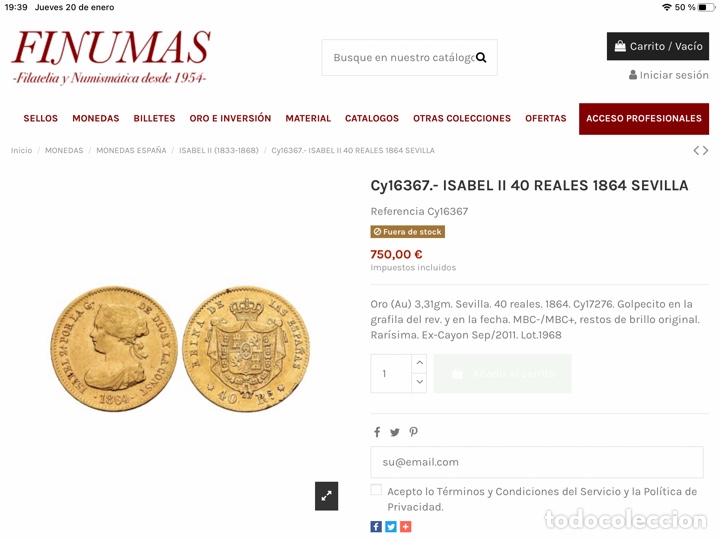 Monedas de España: Moneda 40 reales oro ISABEL II 1864 RS - Foto 3 - 312301208