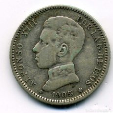Monedas de España: ALFONSO XIII - 1 PESETA 1905 (*19-05) MADRID SM V - BC. Lote 323705473