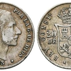 Monnaies d'Espagne: *** BONITOS 20 CENTAVOS DE PESO DE ALFONSO XII. 1883 MANILA. CAL-109. PLATA, BONITA PÁTINA ***. Lote 335797913