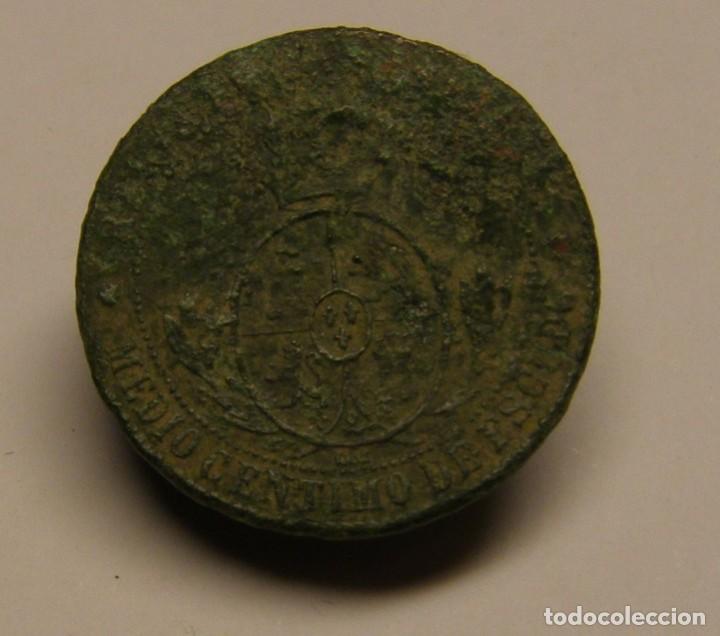 Monedas de Espa&ntilde;a: Moneda de medio c&eacute;ntimo de escudo, Isabel II, a&ntilde;o 1868. - Foto 2