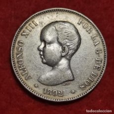 Monedas de España: MONEDA 5 PESETAS 1892 ALFONSO XIII ESTRELLAS VISIBLES 18 92 DURO PLATA MBC+ ORIGINAL D2924