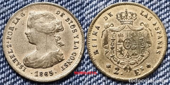 M&uuml;nzen von Spanien: MONEDA &Eacute;POCA de ISABEL II de2 escudos Cobre dorado a&ntilde;o 1865 Madrid. Peso 1,05 gr.