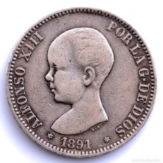 Monedas de España: VARIANTE GIRADA. ALFONSO XIII. 5 PESETAS. 1891*18-91 PGM. PLATA 24 G. RARA. Lote 380441539