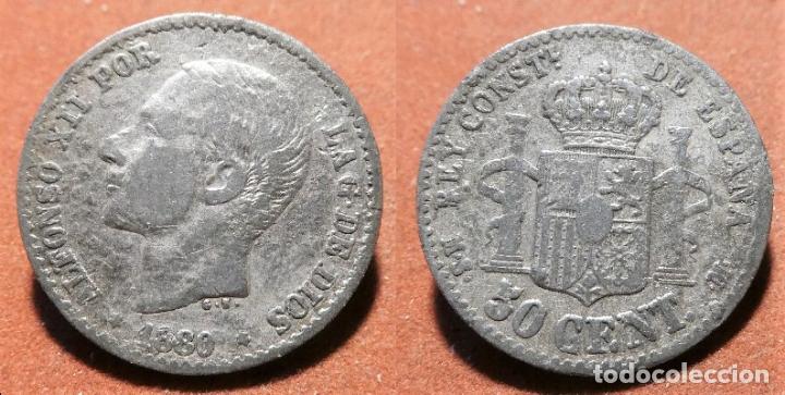 Monedas de Espa&ntilde;a: Moneda de Alfonso XII 50 centimos 1880 Falsa de &eacute;poca - Foto 1