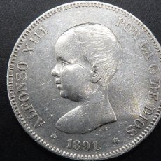 Monedas de España: MONEDA DE 5 PESETAS DE ALFONSO XIII DE 1891 *18 91* PGM DE PLATA.PESO 24,85 GR.