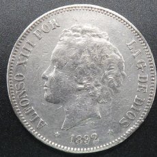 Monedas de España: MONEDA DE 5 PESETAS DE ALFONSO XIII DE 1892 *18 92* PGM DE PLATA.PESO 24,89 GR.
